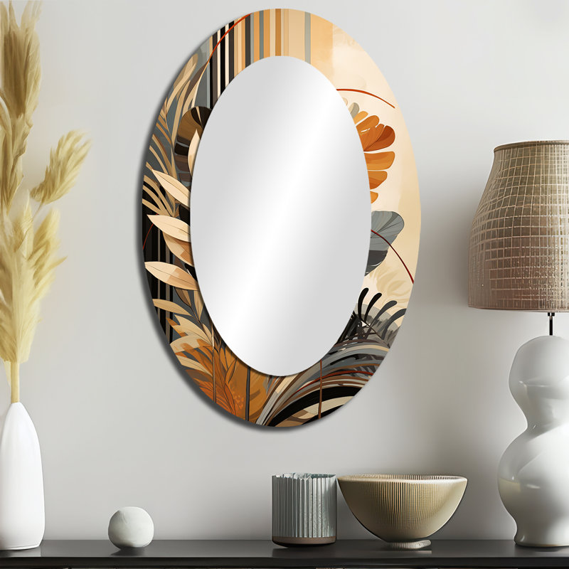 Funky Foliage In Terracotta Tones - Modern Oval Wall Mirror, 36" x 24"