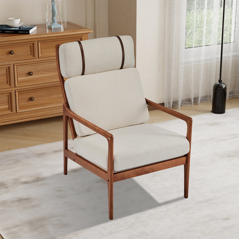 25.6" W Upholstered High Back Accent Armchair, Beige Polyester