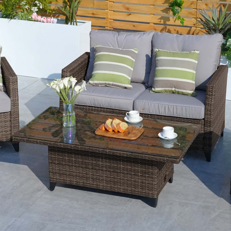 Rectangular Wicker Adjustable Outdoor Dining Table, Brown, Brown