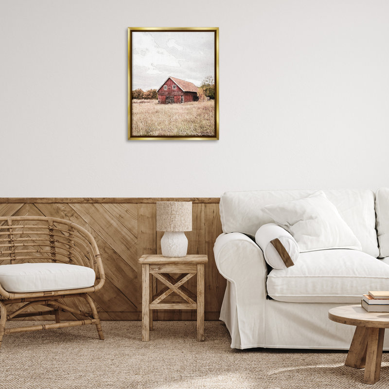 Cadre flottant Red Barn Country, conçu par Susan Ball, 31" H x 25" W, Cadre flottant métallique doré
