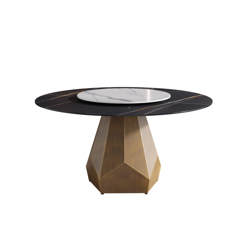 59.05" Round Marble Dining Table With Metal Base, Artificial Marble For 6-8 People, 31.5" Artificial Stone Turntable(Dining Table Only)
