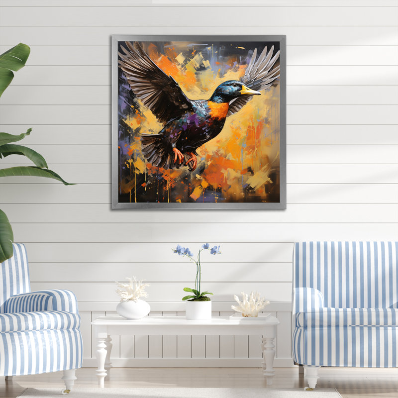 «Vintage Duck Flight At The Pond IV», art mural animaux de canard, Cadre simple argenté, H 16 po x l 16 po x P 1 po