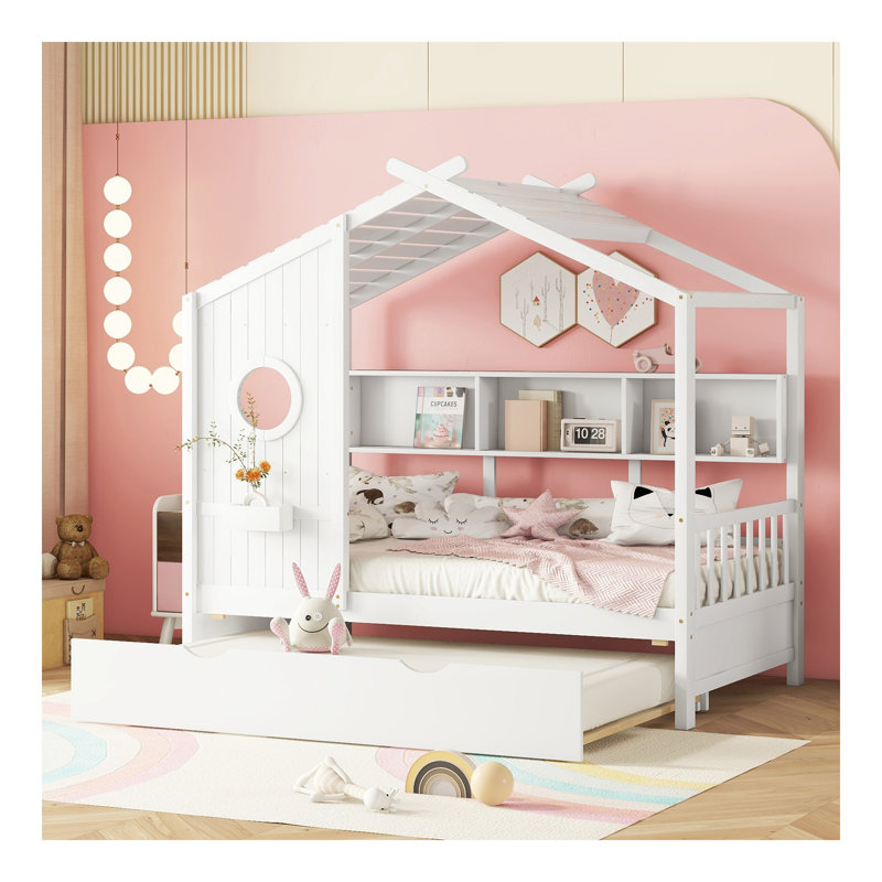 Lit simple en bois avec lit gigogne en bois, conception moderne pour enfants avec tablette de rangement, blanc, Lit simple
