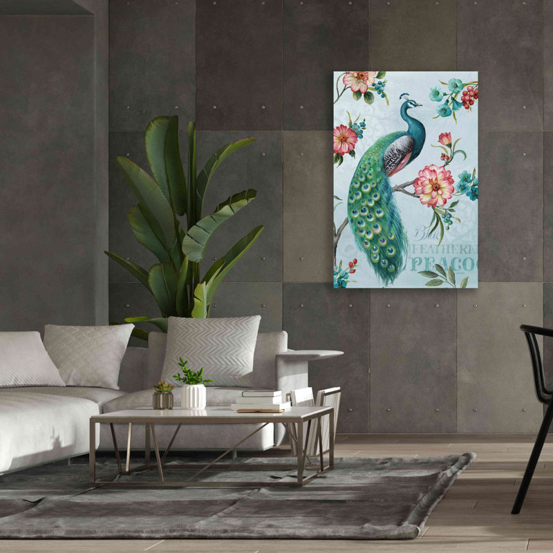 «Blue Feathered Peacock I» par Lisa Audit, art mural sur toile, H 60 po x l 40 po x P 1,5 po