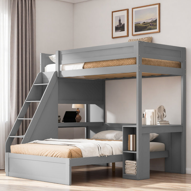 Lit superposé avec bureau et USB, Gris