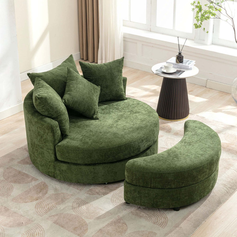 Fauteuil d'appoint pivotant à 360 ° avec repose-pieds avec rangement et 4 coussins pour le salon, Chenille verte