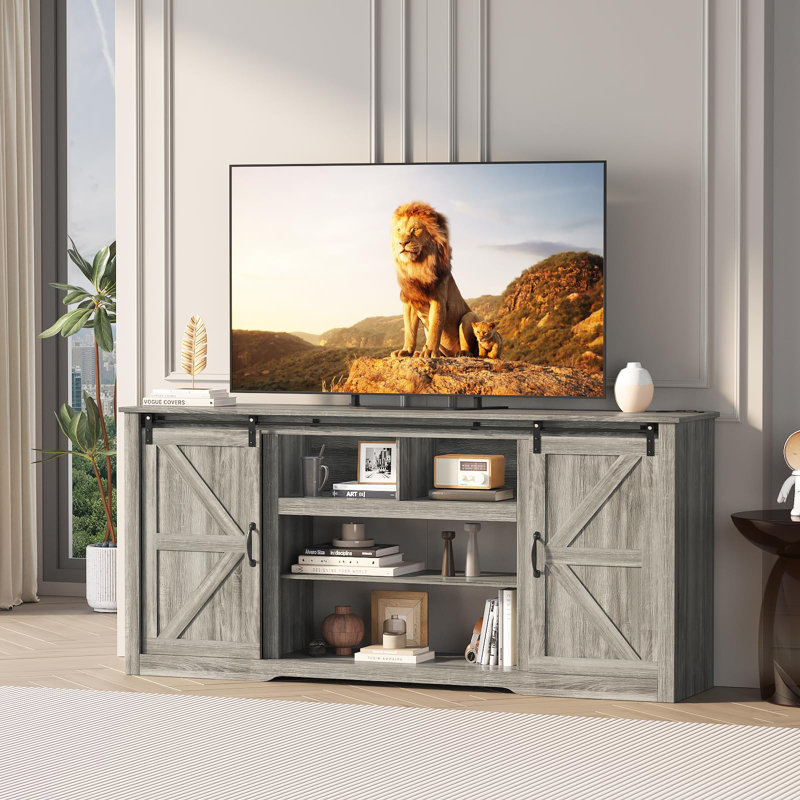 Farmhouse TV Stand for Televisions Up to 80 in,Sliding Barn Doors and Storage Cabinets, Console Table and Media Furniture for Living Room, 70 in