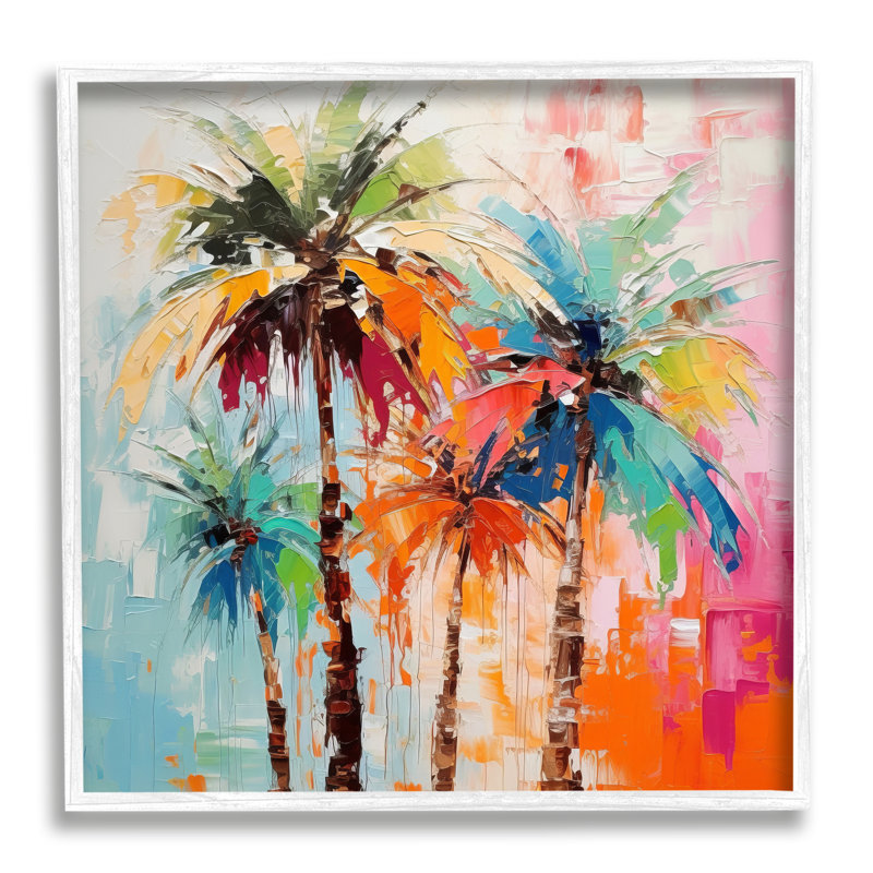 Vibrant Abstract Palm Tree Painting in White Frame, 12 x 12