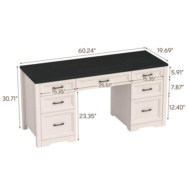 Farmhouse Executive Desk, Wood Home Office Desk With 2 Large File Drawers, Black
