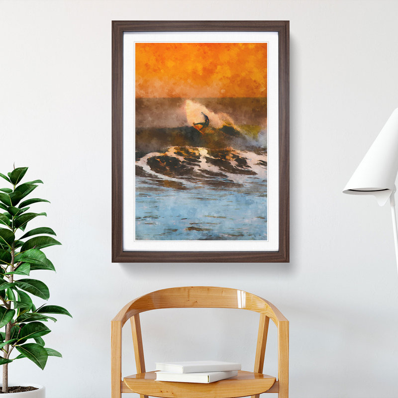 Surfing as the Sun Sets - Picture Frame Painting Print, Walnut Framed, 33cm H x 24cm W x 2cm D