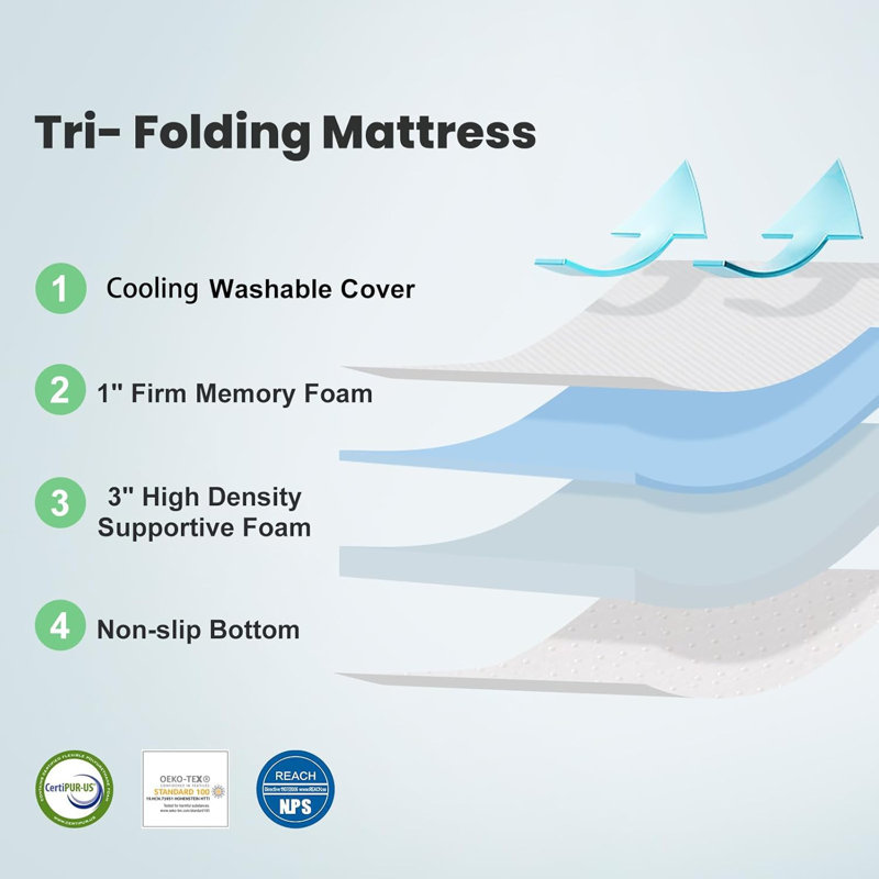 Memory Foam Folding Mattress With Pillow & Storage Bag, Foldable Portable Floor Guest Bed For Camping And Sleeping 4 Inch Single Size
