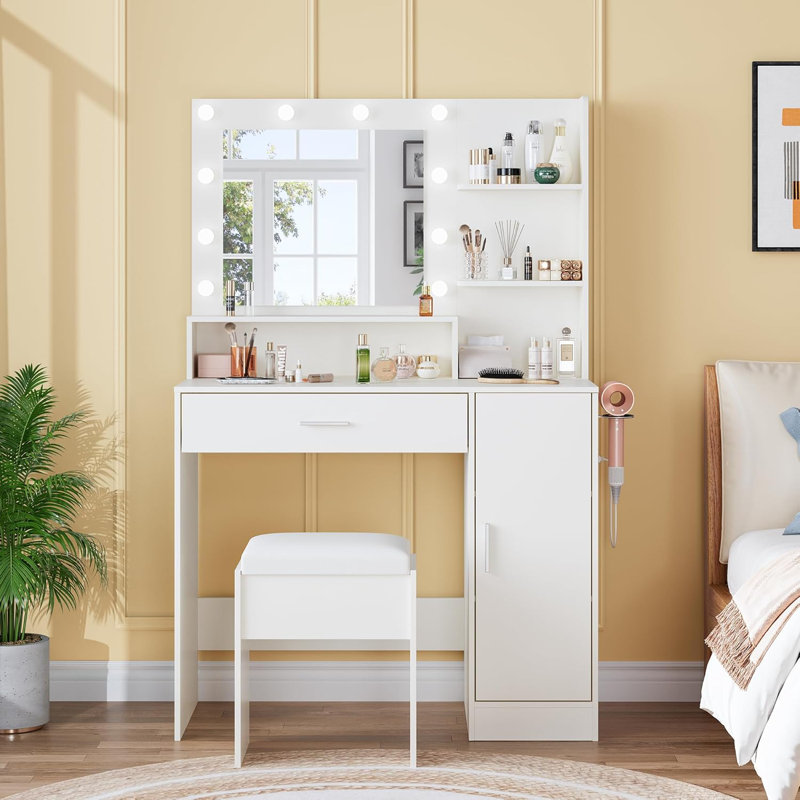 Meuble-lavabo 35,4 po avec miroir DEL intelligent à 3 niveaux et prise de courant, Blanc