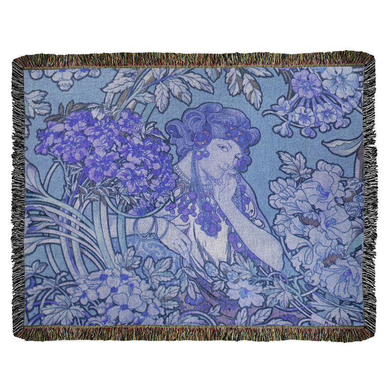Jeté en coton alphonse muchas from fleurs, Bleu