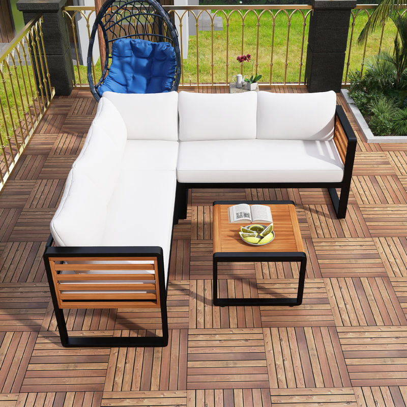 Ensemble de conversation 4 pièces pour patio, canapé modulaire en L et structure en bois avec coussin moelleux et tables basses