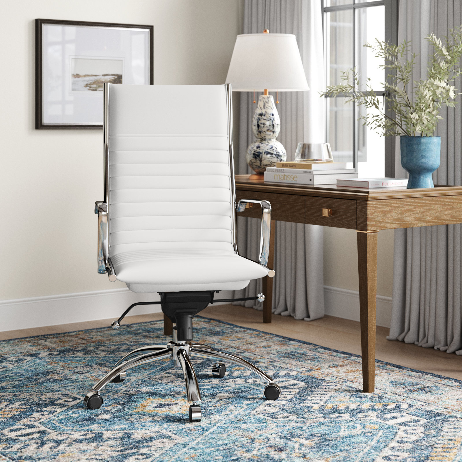 Naida Swivel Office Chair, White Faux Leather, Chrome