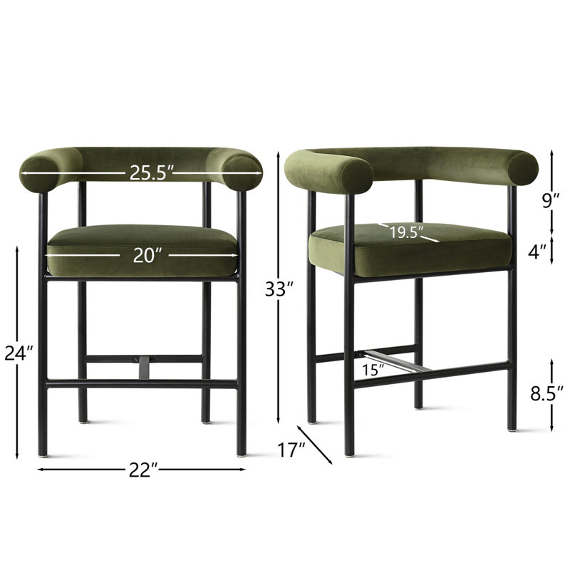 24" Modern Velvet Counter Stools, Upholstered Barrel Back Kitchen Island Counter Height Chairs With Powder Coated Metal Frame And Footrest
