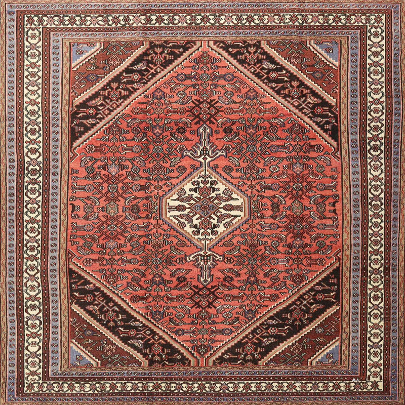 Tapis traditionnel rouge / noir, Carré 5 pi