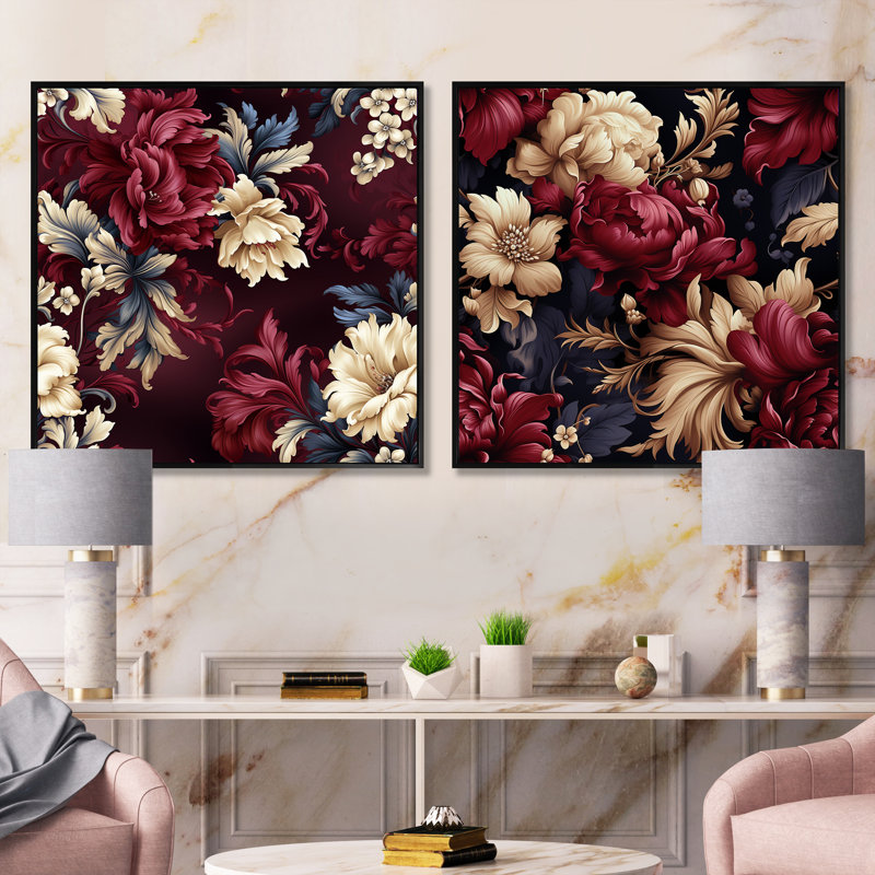Ellesmere - Ensemble de 2 collages floraux carrés, H 36 po x l 73 po, Cadre flottant noir