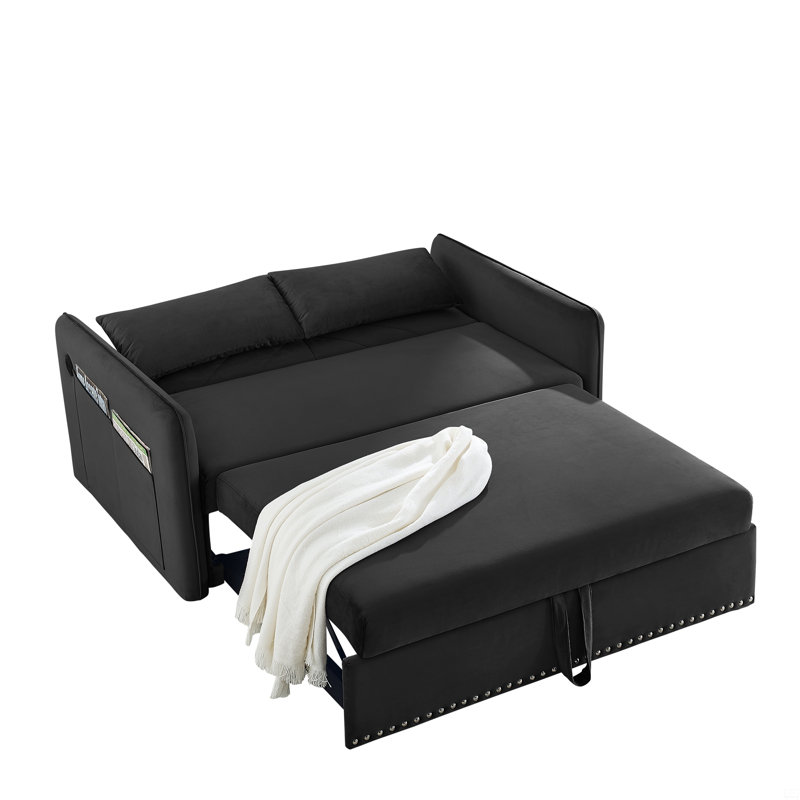Indoor Contemporary Sofa Sleeper Sofa Bed With 2 Lumbar Pillows And Side Pocket For Home, Black Velvet