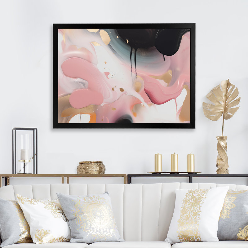 Rose et or «Inner Worlds of Marble II», art abstrait sur toile marbrée, H 24 po x l 32 po x P 1 po