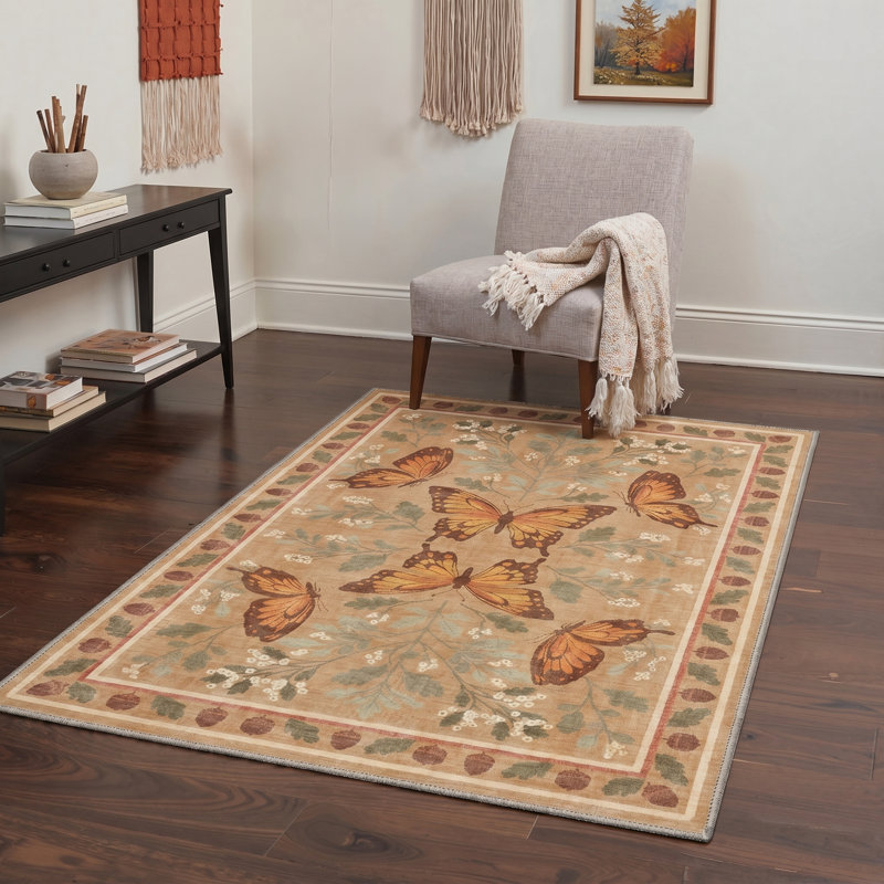 Monarchia Vintage Machine Washable Beige / Brown / Green Indoor Area Rug with Non-Slip Backing, Rectangle 6' x 9'