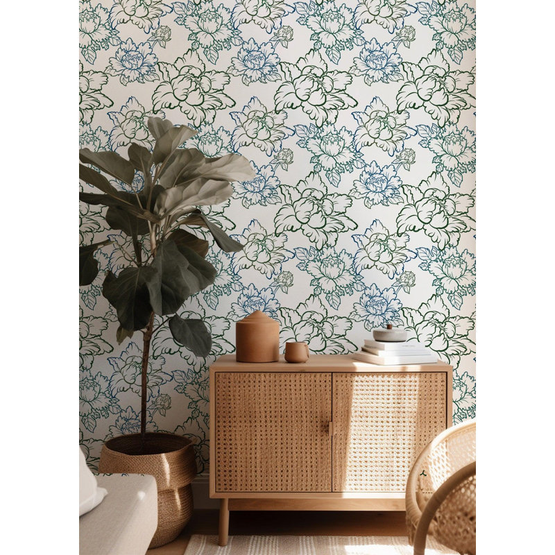 Peony 10' L x 24" W Peel and Stick Wallpaper Roll, Green/Blue, Non-pasted, Faux Grasscloth
