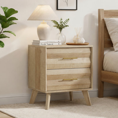 Table de chevet à deux tiroirs de couleur chêne, armoire de chevet moderne de style médiéval, table de chevet avec poignées en métal, unité simple