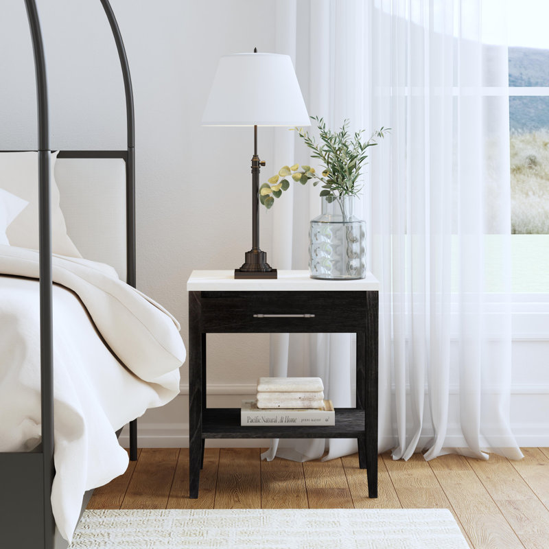 Isa 22 in. W Marble Top 1 Drawer Nightstand with Shelf, Washed Black, Black