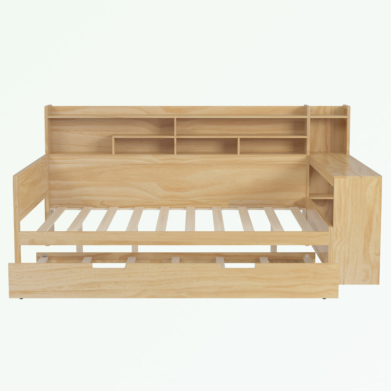 Multi-functional Daybed With Desk, Trundle And Bookcase, Natural, Full