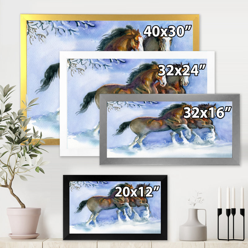 Chevaux qui courent en hiver - reproduction sur toile, H 30 po x l 40 po x 1,5 po, Toile blanche encadrée