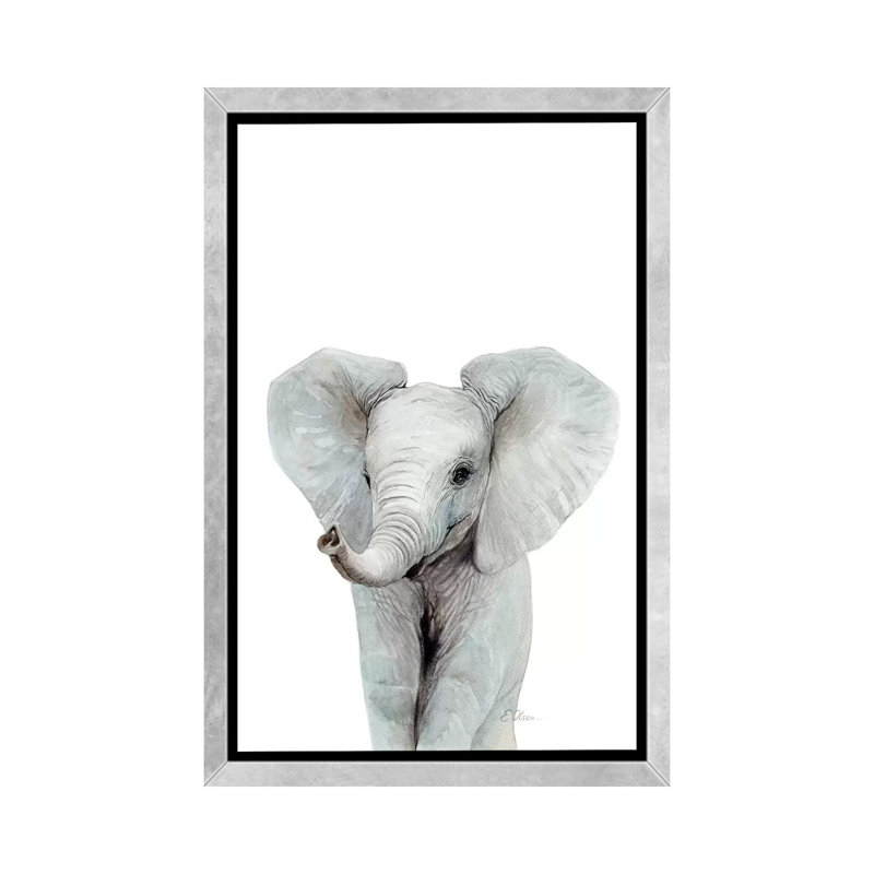 «Baby Elephant» par Watercolor Luv - reproduction d'art, H 60 po x l 40po x P 1,5 po, Toile encadrée argentée