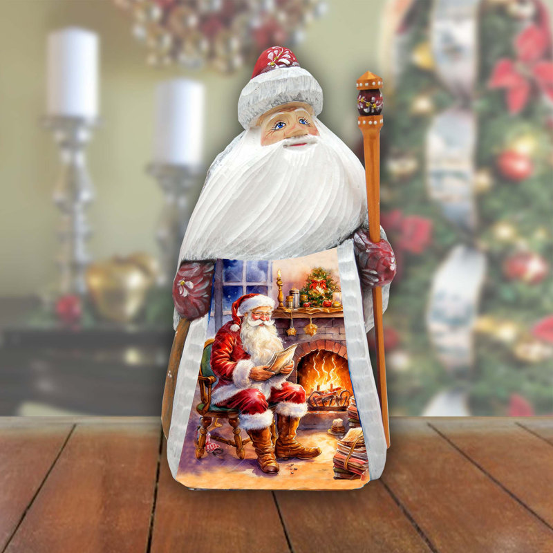 Santa At Fireplace Santa Wood Carved Figurine By G. Debrekht