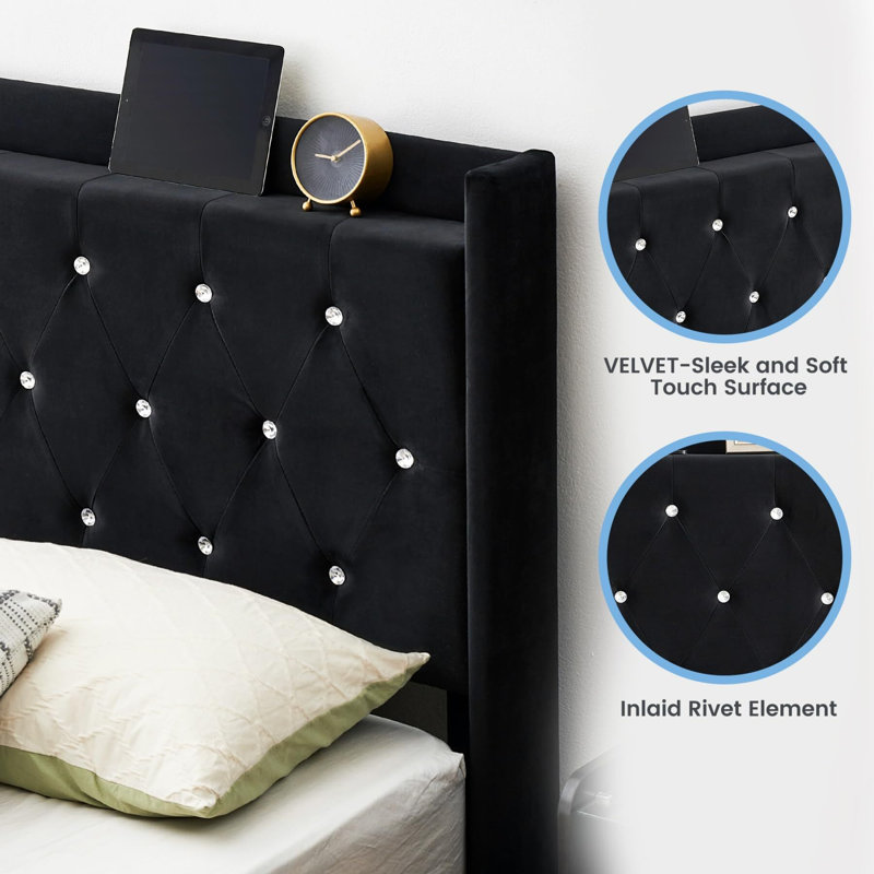 Floating Bed Frame With LED Lights, Upholstered Bed Frame With Headboard And Storage, Queen