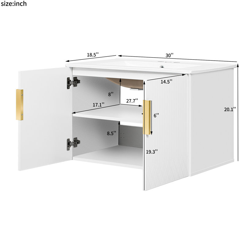Meuble-lavabo de 30 po avec lavabo en céramique brillant Weakley, 3 trous, conception moderne, 2 portes à fermeture douce, quincaillerie de corrosion et bois massif blanc facile à assembler, quincaillerie