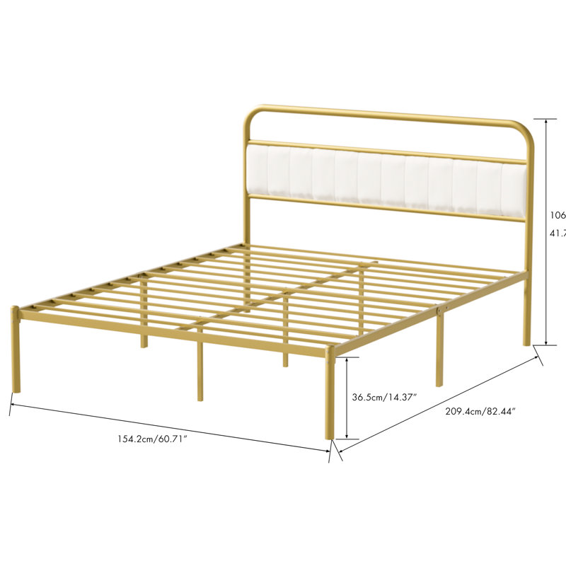 Structure de lit plateforme en métal et acier pour grand lit avec tête de lit douce - beige et doré