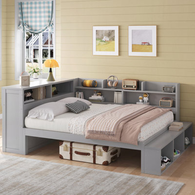 Lit de jour double avec armoires de rangement, armoire à chaussures et ports USB