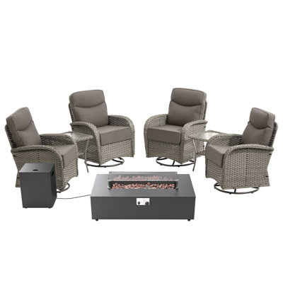 4-Piece Outdoor Wicker Courtyard Fire Pit Conversation Set With Sofa, Swivel Chairs