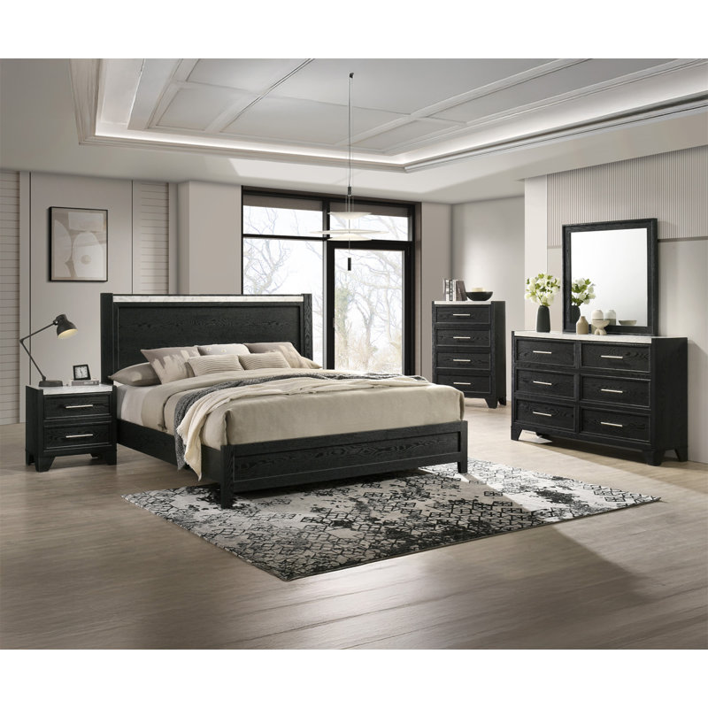 1Pc Contemporary Modern White Faux Marble Top 4 Drawers Tall Chest Black Finish Bedroom Furniture