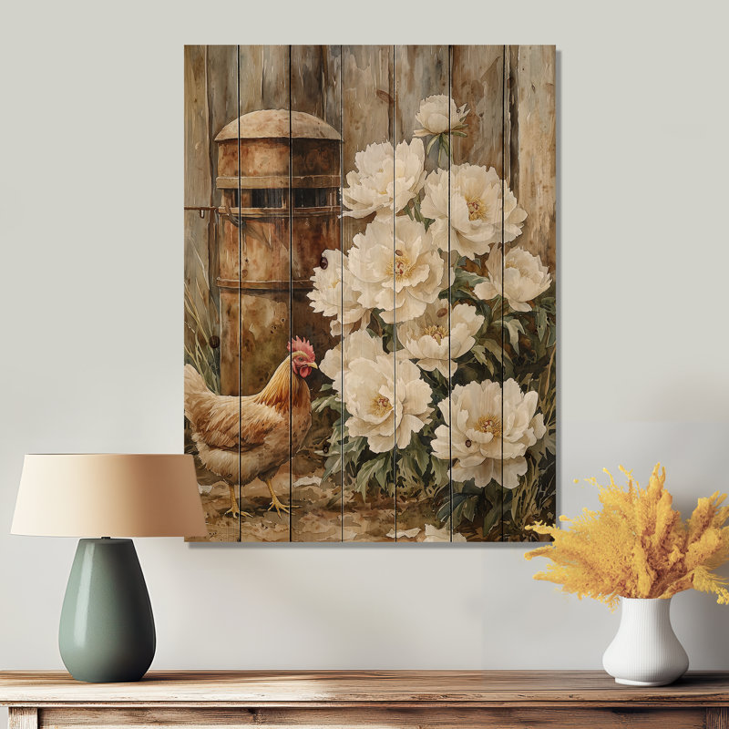 Farm Peonies At The Chicken Feeder I - Peonies Wood Wall Art - On Natural Pine Wood, 20" H x 10" W x 0.78" D
