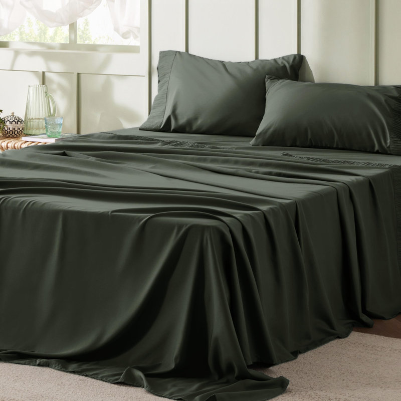 Ensemble de draps en microfibre de literie de luxe Hotel, Vert olive, Ensemble de draps pour très grand lit avec 2 taie