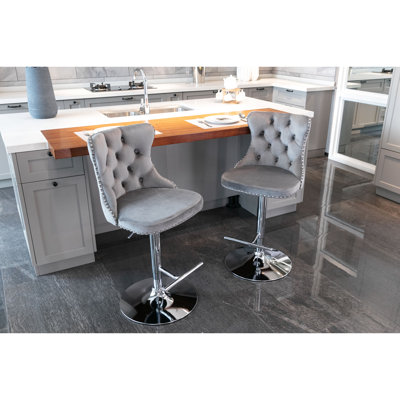 Adjustable Seat Height 25 - 33 Inch , Gray Velvet Upholstered, Modern With Base And Back For Pub Kitchen Island  2 Upholstered Velvet, Inch, Home  Gray Of 2