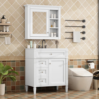 Ensemble de meuble-lavabo autoportant 30 po avec lavabo supérieur, meuble-lavabo moderne avec 2 tiroirs et un tiroir basculant, meuble-lavabo autoportant avec miroir et meuble-lavabo simple