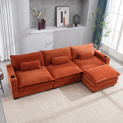 Modern Sofal Shape Sofa Couch With  USB & Cup Holders, Corduroy Stripe Fabric 3 Seater Sofa With 1 Ottoman,