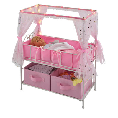 Starlights Doll Crib with Canopy, Bedding, Storage and LED Lights