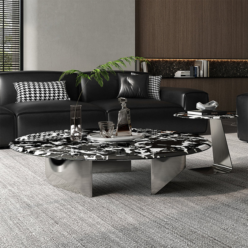 Table basse italienne ronde en marbre, Noir, noir, noir, noir, H 14,6 po x L 39,4 po x l 39,4 po