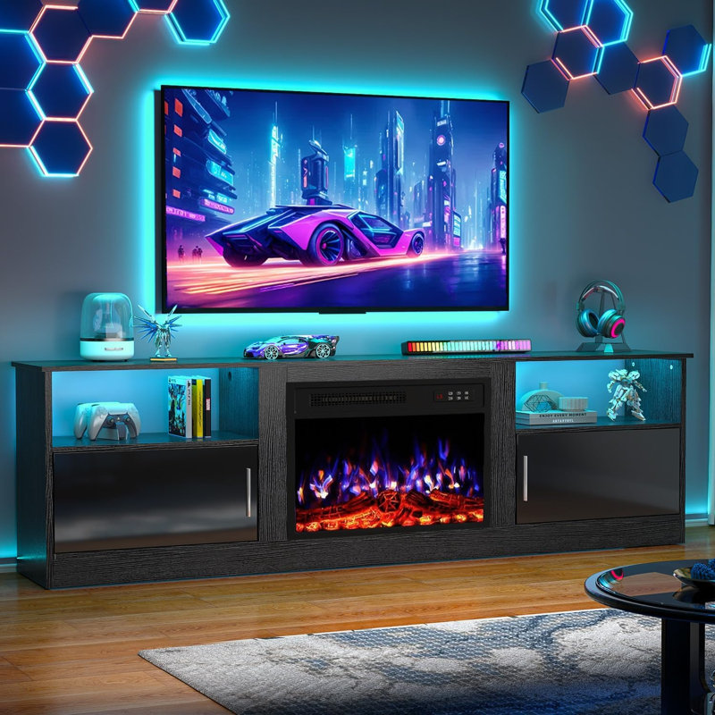 70" TV Stand with 23" Electric Fireplace, Black