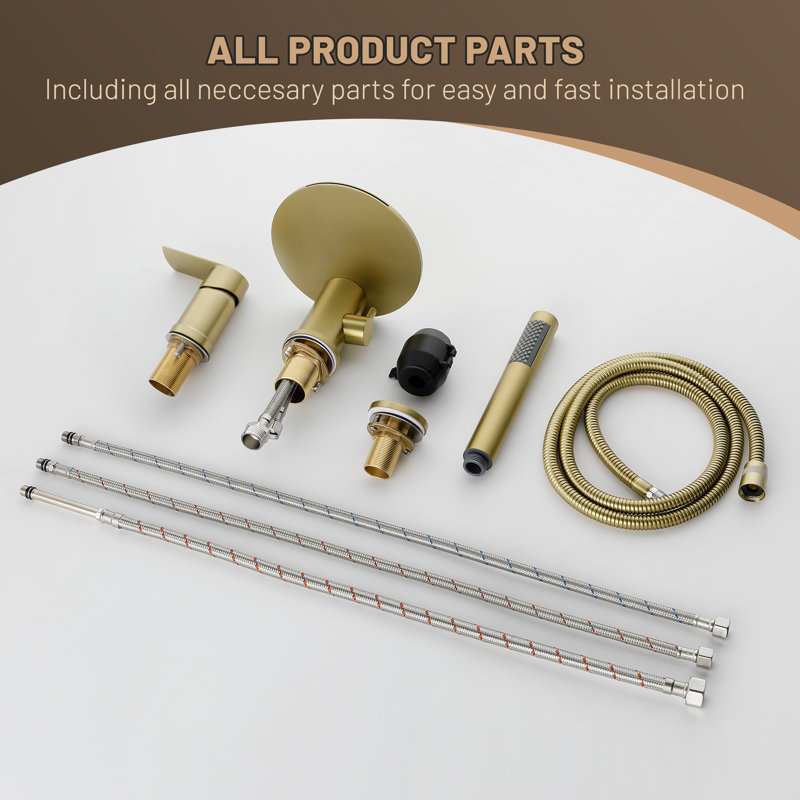 Brushed Gold Solid Brass Deck-Mounted Roman Tub Faucet with Hand Shower