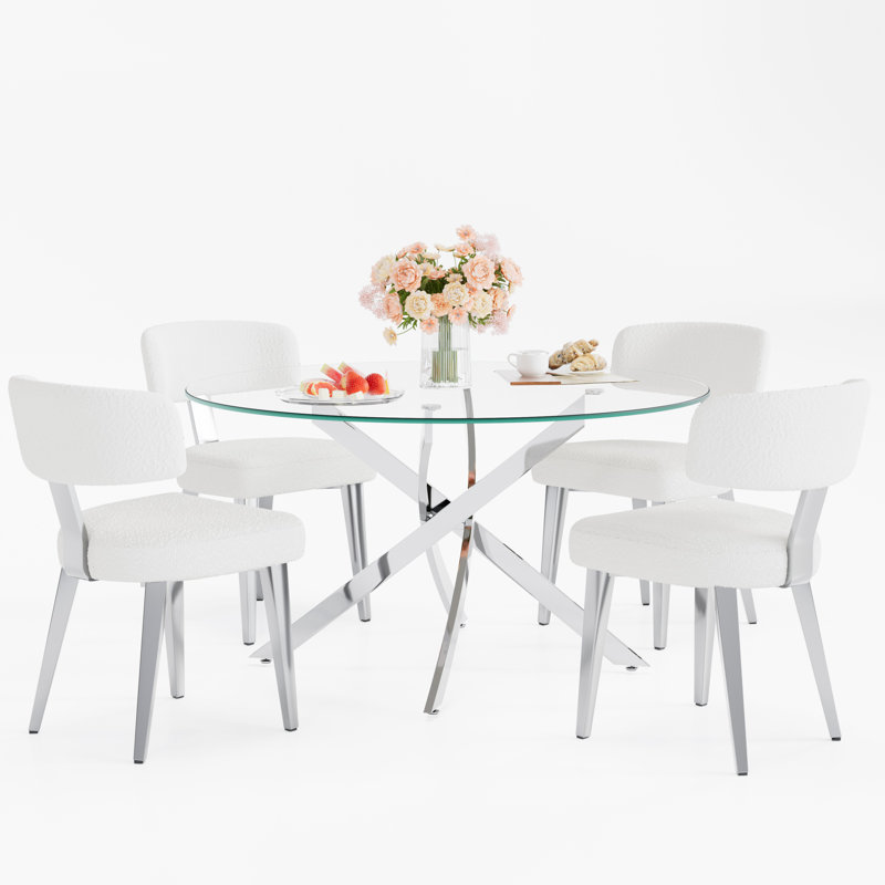  Round Glass Pedestal Dining Set, White, 29.5"H x 47.2"L x 47.2"W, 5