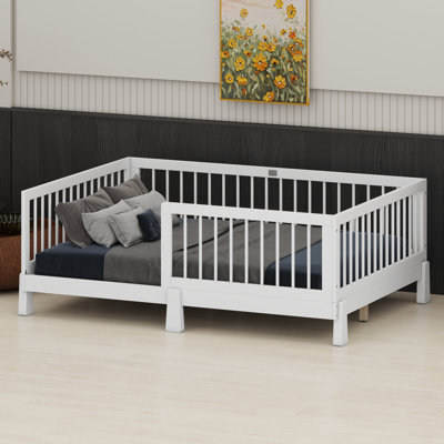 Kids daybed with guardrails converts from Montessori floor bed to platform bed for years of use