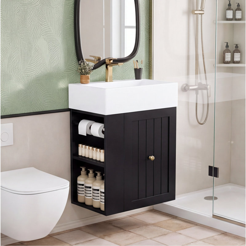 Meuble-lavabo mural noir de 20 pouces avec lavabo en céramique, tiroir, tablette latérale et poignée dorée - conception moderne peu encombrante pour les petites salles de bain